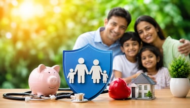Happy Indian family with health insurance symbols like shield, stethoscope, and savings