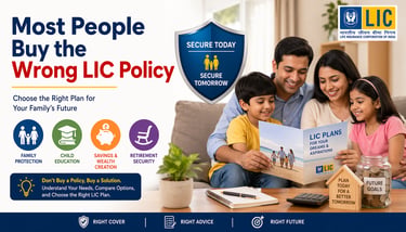 Indian family discussing LIC insurance plans for financial security and choosing the right LIC polic