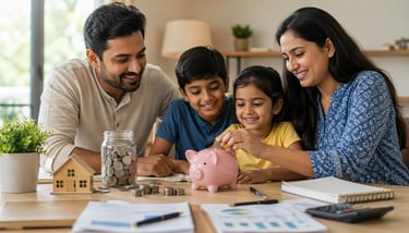 Indian family saving money together using piggy bank at home