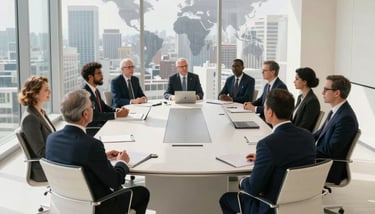 A wide-angle professional photograph of a diverse group of executives in formal attire gathered in a minimalist, sunlit boardroom overlooking a global city, with a palette of off-white and deep blue accents.
