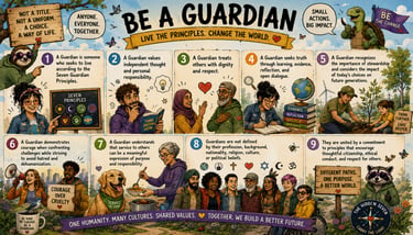 Illustrated educational poster titled Be A Guardian showcasing diverse people practicing seven ethical principles for a
