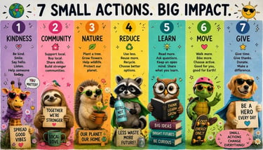 Seven small actions for environmental sustainability and kindness featuring cute animals and eco-friendly tips.