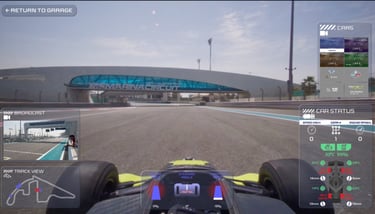 a car driving on a race track with a view of a stadium