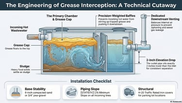 Technical diagram showing the internal engineering of a grease interceptor with baffles, sludge, and wastewater flow.