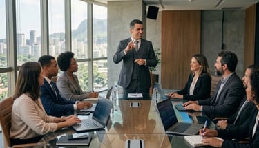 Homem Surdo fazendo reunião a sua equipe todos conversam em libras