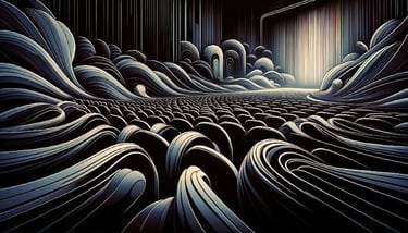 An exaggerated graphical representation of movie theater seats and screen curtain