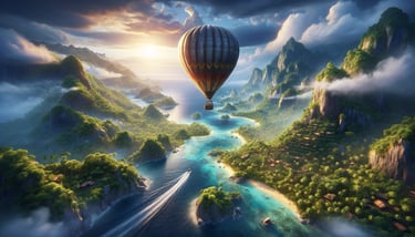 Montgolfière qui survole un paysage paradisiaque.