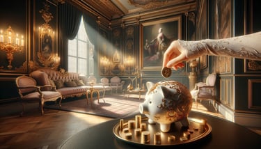 Aristocrate mettant une pièce de monnaie dans une tirelire luxueuse
