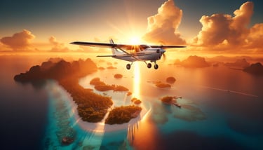 Petit avion bimoteur qui survole un paysage paradisiaque au lever du soleil