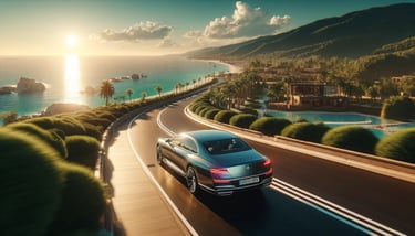 Voiture de luxe qui roule sur une route en bordure de mer