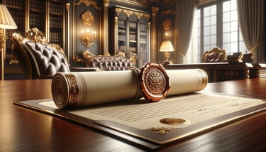 Contrat enroulé et cacheté posé sur un bureau luxueux