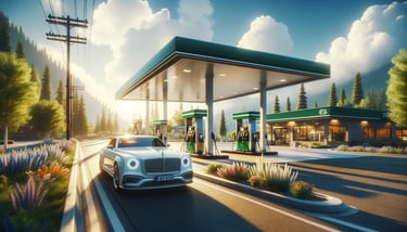 Station essence sous le soleil avec voiture de luxe