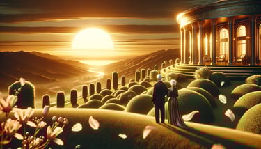 Couple de rtraité qui regarde le coucher du soleil depuis le haut d'une colline