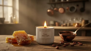 Vela de soja artesanal Your Wax Light junto a panal de miel y chocolate en un antiguo obrador de lujo sostenible.