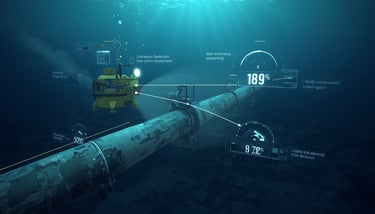 offshore pipeline inspection with digital data overlays showing corrosion and structural analysis