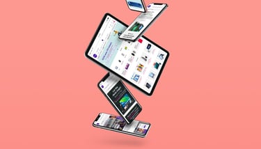 a group of three phones with a pink background