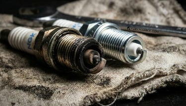 Worn vs new spark plug comparison showing carbon fouling and electrode wear affecting fuel economy