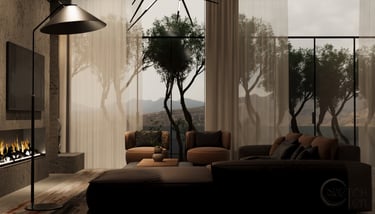 a living room with a couch and a fireplace
