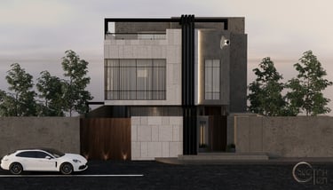 private villa with large windows and modern architectural design, featuring a sleek entrance gate.