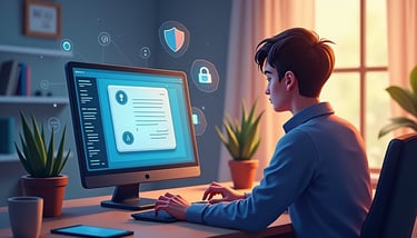 a man sitting at a desk with a computer monitor