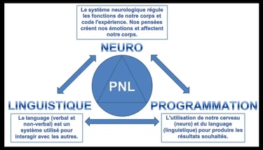 Cercle bleu avec inscription PNL au centre et autour Programmation Neuro Linguistique