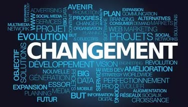 Mot CHANGEMENT écrit en blanc entouré d'autres en bleu projet futur plan progrès social vision etc