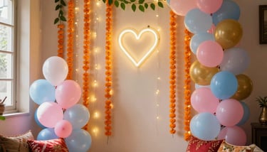 Festive home party decoration with a balloon arch, neon heart light, and marigold flower garlands.