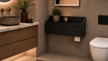 wall mounted black toilet paper holder that conceals the toilet paper