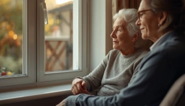 Ältere Frau sitzt am Fenster, hält die Hand eines Angehörigen, ruhige und liebevolle Szene