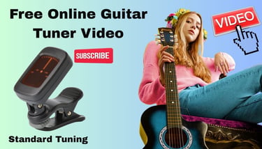 Girl with acoustic guitar and free virtual digital tuner for free online standard tuning video.