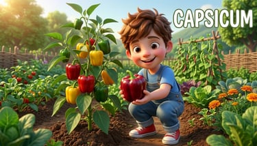 A cartoon boy picking a ripe red capsicum in a sunny vegetable garden with bell pepper plants.