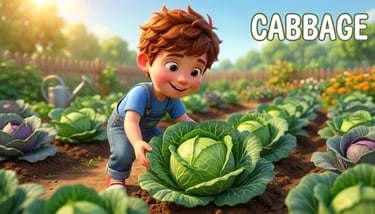 A young cartoon boy harvests a large green cabbage from a sunny vegetable garden.