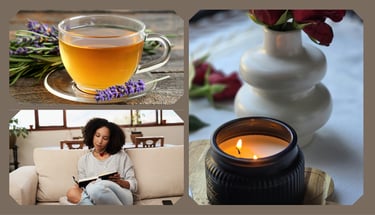 Photo collage: full tea cup and lavender flowers, lit candle beside vase, woman writing in journal