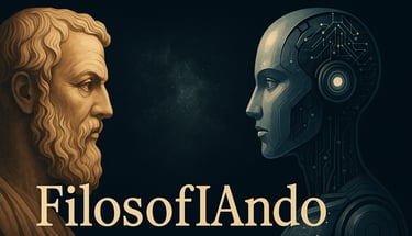 Banner de filosofIAndo en el que un filósofo clásico mira a un robot humanoide.