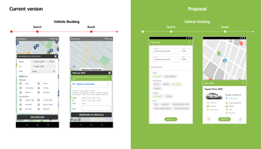 Before and after of the Vehicle Booking screens for the Communauto app.