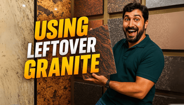 a man holding a leftover granite slab with the words using leftover granite