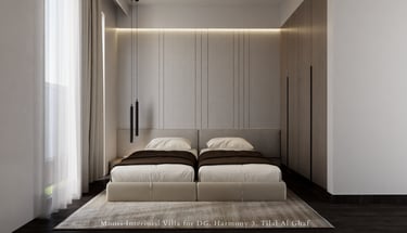 Modern bedroom featuring two single beds with neutral bedding, wooden cabinetry, and soft lighting