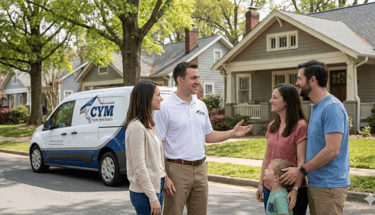 Durham NC contractor explaining roofing gutter and siding project to homeowners