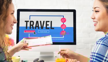 "A virtual assistant helping with travel bookings, shown on a tablet or computer screen.