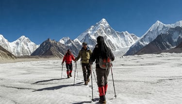 a group of people walking across a snow covered valley towards Ansoo Lake