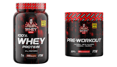 FTW Whey Nerd chocolate protein powder and Pre-Workout fitness supplement containers.