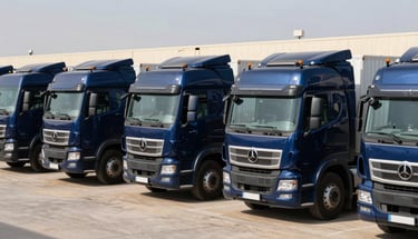 A modern fleet of clean transport trucks branded in subtle navy blue, parked neatly in a bright, daylight-filled Iraqi logistics hub, sharp focus.