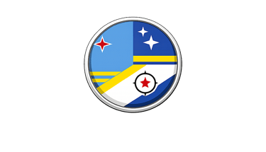 Circular emblem featuring the Aruba and Bonaire flags with stars and a red compass on a black background.