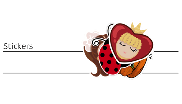 Cute cartoon stickers ladybug, a heart-faced girl with a crown, and a pumpkin.