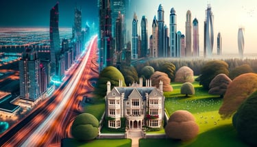 An English manor house with a sold sign, Dubai skyline in the background