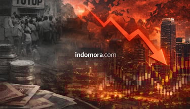 Ilustrasi krisis ekonomi global dengan tulisan indomora.com.