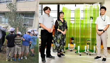 オリーブ収穫体験をする新檜尾台小学校の児童と光合成建築のプロトタイプパネルと摂南大学の川上教授(中央)、松尾教授(左)、瀬溝特任助教(右)|堺市のニュースならサカイタイムズ