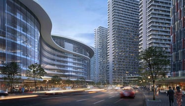 Visualisation of Sendayan University Campus in curved curtain wall facade with busy street infront