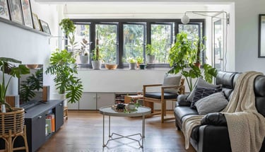 Living and lounge area of Skip Stop House filled with day light and lush indoor plants