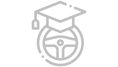 Icon eines VW-Lenkrads mit einem Absolventenhut, das Bildung und Automobiltechnik symbolisiert.